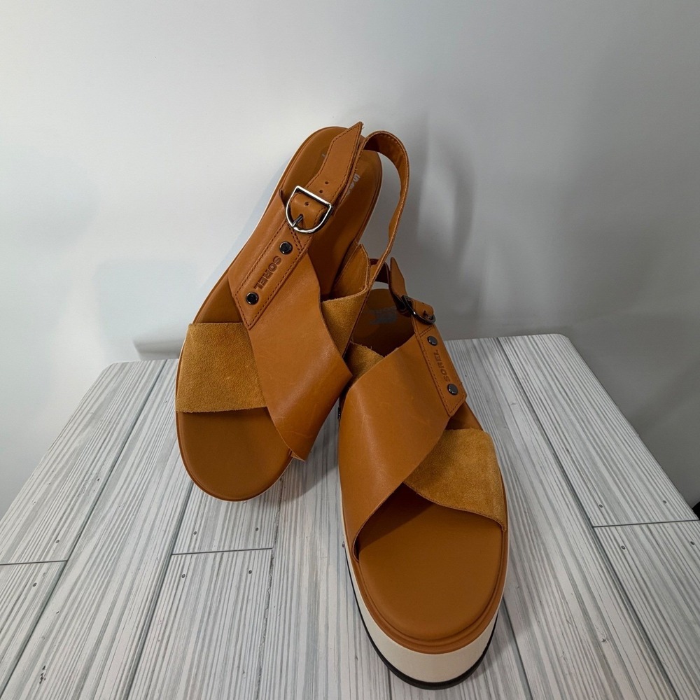 Sorel Rein Crisscross Chunky Flatform Sandals Tan Leather Suede Women's 9 NEW